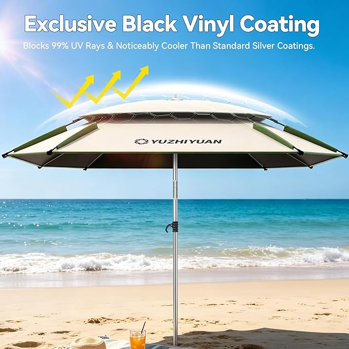 Patio Umbrella with Exclusive Black Coating, 7.2ft/7.8ft Heavy-Duty Double-Layer Nylon Canopy, Adjustable Tilt Sun Shade Outdoor Table Umbrella, UV Protection & Carry Bag for Beach, Fishing, Backyard