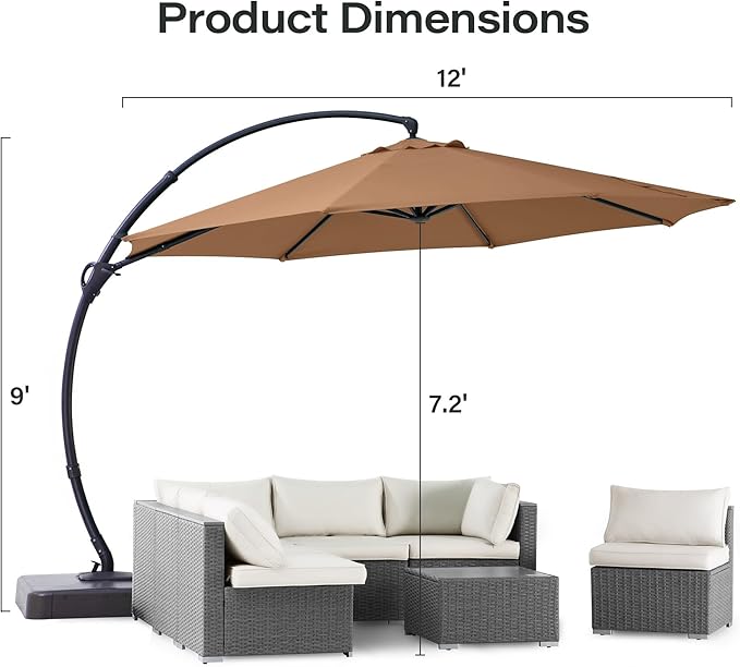 LAUSAINT HOME 12ft Patio Cantilever Umbrella with Base Included, Outdoor Curvy Round Offset Umbrella, Heavy Duty Aluminum, 360° Rotation for Pool, Deck, Lawn, Backyard (Tan)