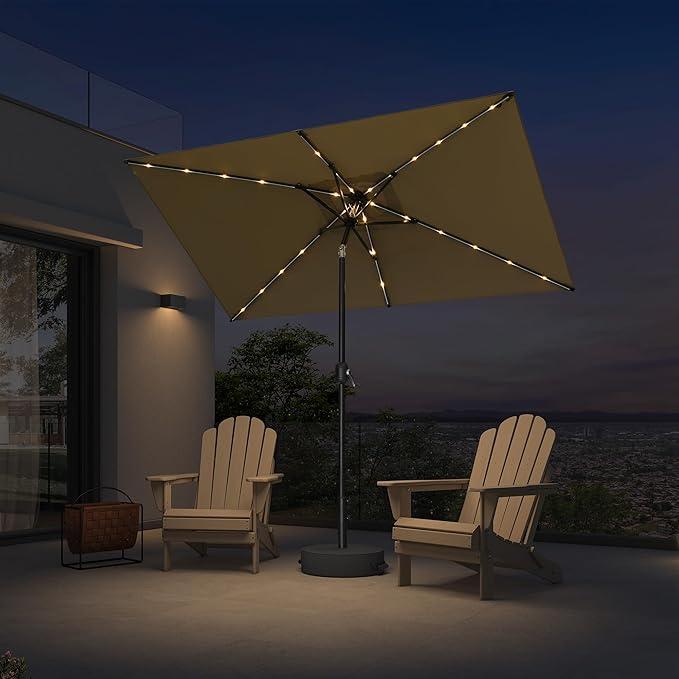 PURPLE LEAF 5' x 8' Rectangular Patio Umbrella with Solar LED Outdoor Table Umbrella Aluminum Frame Market Umbrella Sun Umbrella for Garden Deck Lawn Pool Beige