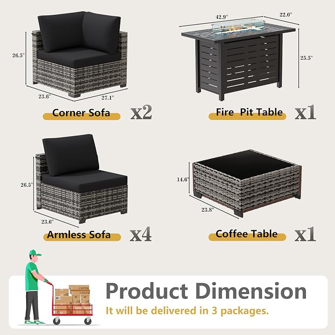 LOUVIXA 8 Piece Outdoor Patio Furniture Set, Outdoor Sectional Sofa with Firepit Table, Wicker Rattan Patio Furniture, Patio Conversation Set with Coffee Table & Cushions