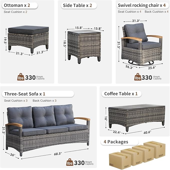 MEISSALIVVE 10 Pieces Patio Furniture Sets,Wicker Patio Conversation Sets with 4 Wood Armrests Swivel Glide Chairs, 2 Ottoman, 3-seat Sofa and Coffee Table (Grey)