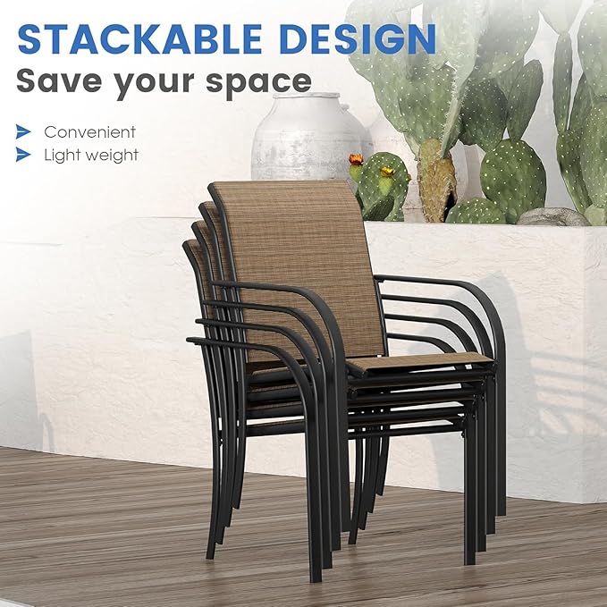 VICLLAX 5 Pieces Patio Dining Set for 4, Outdoor Furniture Set Includes 40.7" Round Patio Table and 4 Patio Stackable Chairs, Walnut Tabletop and Brown Fabric