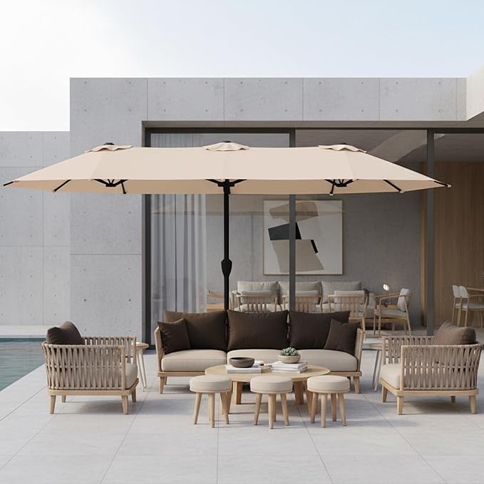 15FT Large Patio Umbrella with Base, Double Sided Rectangular Outdoor Umbrella with Sturdy Fiberglass Ribs, UPF 50+ Sun Protection, Wind-Resistant, Waterproof Fade-Resistant Fabric for Pool, Garden, Backyard, Deck(Beige)
