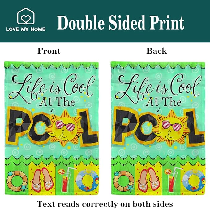 Summer Holiday Flipflop Garden Flag Life is Cool at The Pool Home Decor Yard Banner for Outside 12X18 Inch Printed Both Sides