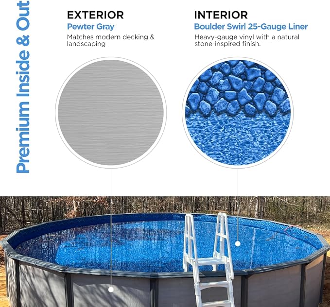 AquaDoc Coventry Round Steel Wall Above Ground Pool Kit 15' x 52" in Pewter Gray Finish with Sand Filter, Ladder, Skimmer, 25 Gauge Liner, Floor Pad and Cove Elite Package - Made in North America