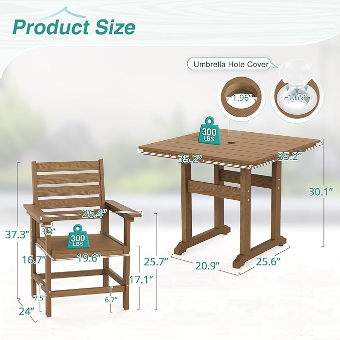 5 Piece Patio Dining Set, 35" Square HDPS Weather Resistant Outdoor Table & 4 Patio Chairs Set with 1.96" Umbrella Hole, Heavy Duty for Small Space Backyard Balcony, Brown