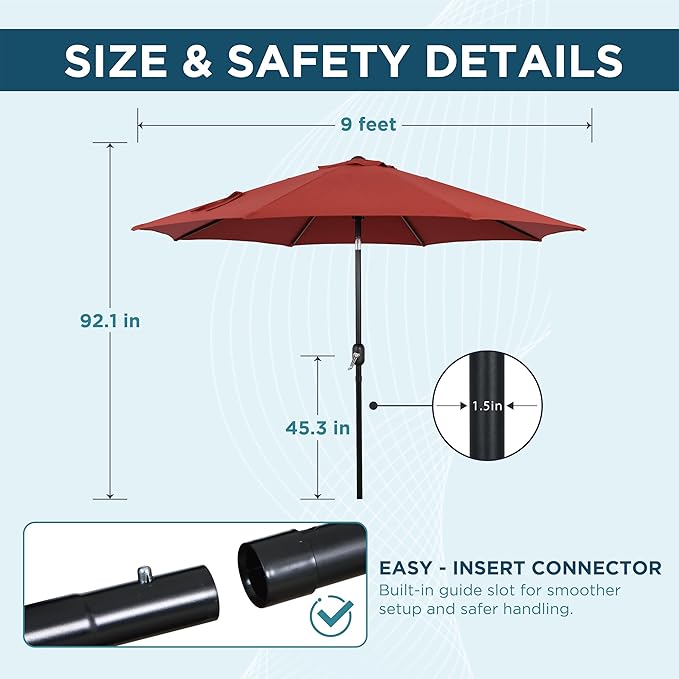 9FT Outdoor Patio Umbrella with Push Button Tilt and Crank, Market Umbrella, 8 Heavy-Duty Ribs, Outdoor Table Umbrella for Garden, Deck, Poolside & Backyard