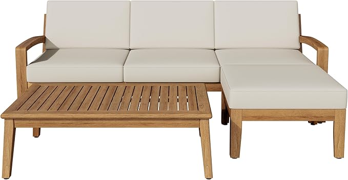 LUMISOL 3 Pieces Acacia Wood Patio Sectional Sofa with Coffee Table, L-Shaped Outdoor Furniture Set with Ottoman, Conversation Set Sectional Sofa with Cushions for Garden, Backyard, Poolside, Beige