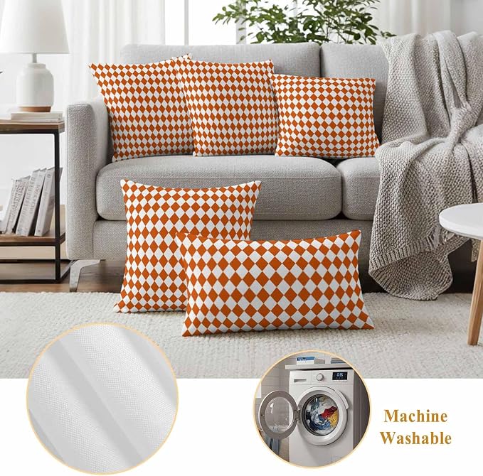 Modern Orange White Plaid Outdoor Pillow Covers Set of 2,Decorative Waterproof Throw Pillow Case,Geometric Lattice Cotton Linen Soft Cozy Cushion Pillowcases