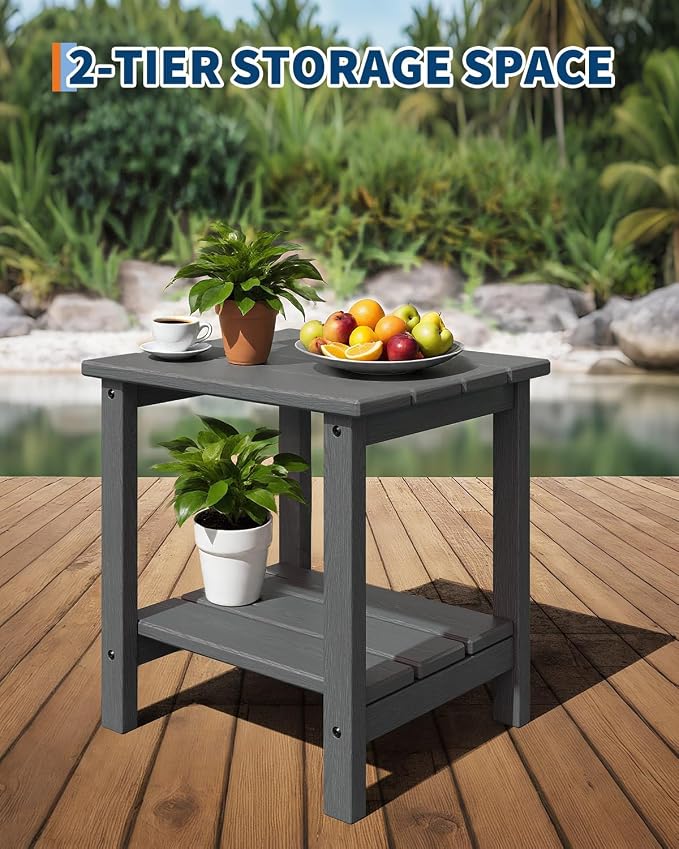 Takywep Adirondack Outdoor Side Table 18 x 15 in, HDPE 2-Tier Patio Side Table, All-Weather End Table for Patio, Pool Deck, Indoor & Backyard, Gray