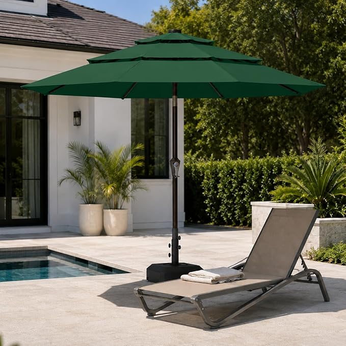 10ft Patio Umbrella, 3-Tier Vented Outdoor Table Umbrella with 8 Sturdy Fiberglass Ribs, Windproof Market Umbrella with Push Button Tilt and Crank, UV Protection for Deck, Pool, Forest Green