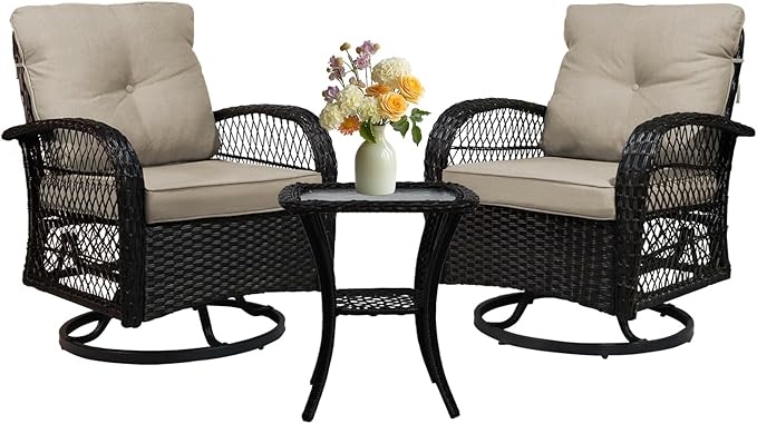 SHGJ&SOFT 3 Piece Patio Furniture Set, 2 Outdoor Swivel Rocking Chairs with Side Table, Wicker Glider Chairs, All-Weather Rattan Bistro Set for Porch, Deck, Pool (Khaki, Brown Open-Weave Rattan)
