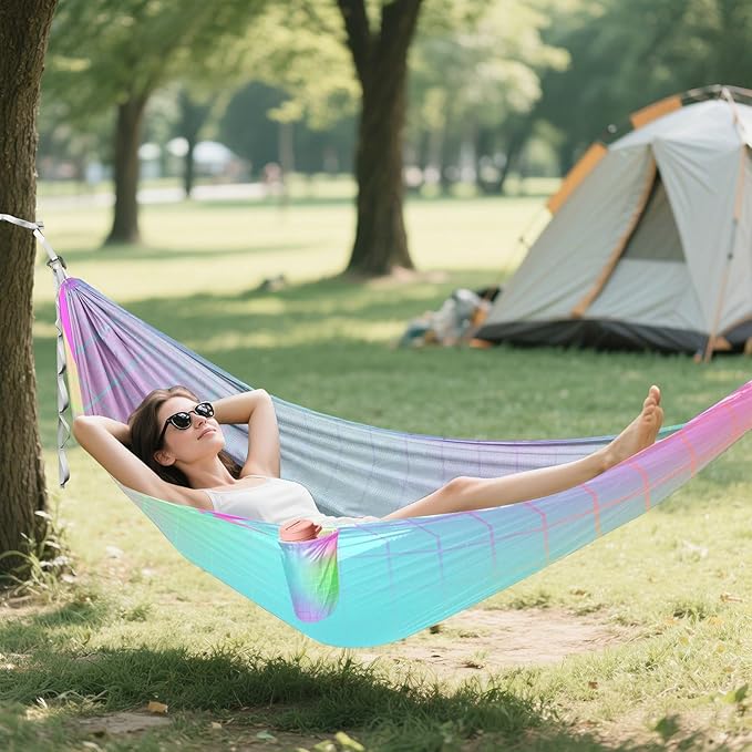 Colorful Laser Design Squares 330lb Capacity Camping Hammock with Hanging Rope Cloth Hammock for Camping Travel Accessories hamacas para adultos