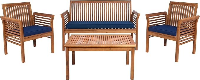 SAFAVIEH Outdoor Collection Carson Natural/ Navy Cushions 4-Piece Conversation Patio Set