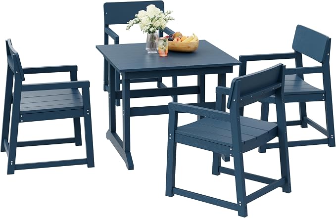Shintenchi 5 Pieces Outdoor Dining Set,HDPE Outdoor Table and Chairs Set for 4,All Weather Patio Furniture Sets,Modern Wooden Textured Dining Sets for Backyard,Garden,Blue