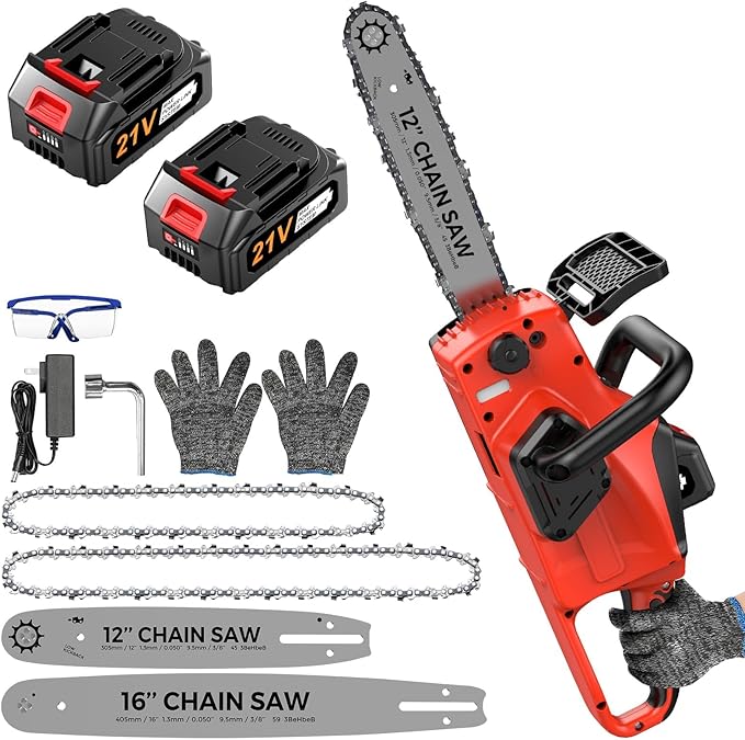 Battery Powered Chainsaw,12" & 16" Dual Guide Plate.21V Electric Cordless Chainsaw with 2 Batteries and Charger.Brushless Chain Saw Kit with Safety Goggles and Gloves for Tree Pruning and Wood Cutting
