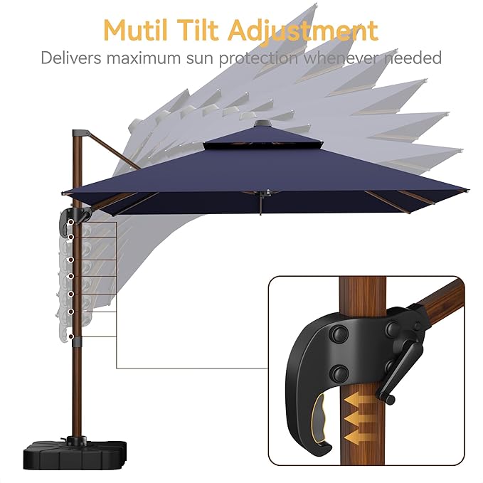 10x13 FT Wood Pattern Patio Umbrella with Base, Large Deluxe Cantilever Rectangular Double Top Heavy Duty Offset Umbrellas with 360° Rotation, Outdoor shade for Garden Pool Patio, Navy