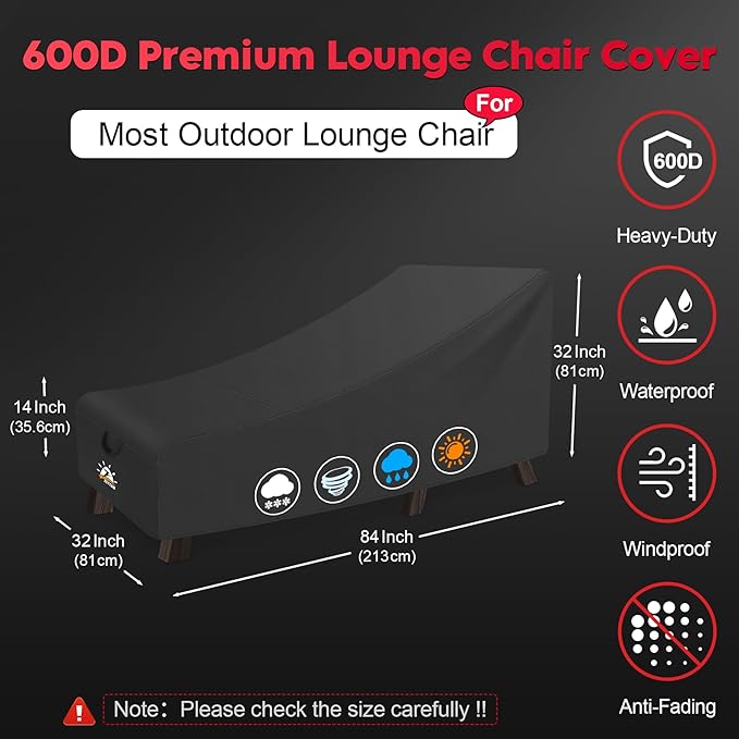 Zettum Outdoor Lounge Chair Cover - Waterproof Patio Chaise Lounge Chair Cover, 600D Heavy Duty Fade-Resistant Outdoor Seating Covers for Pool Lounge Chair, Lawn Bench Furniture 84 x 32 x 32 Inch