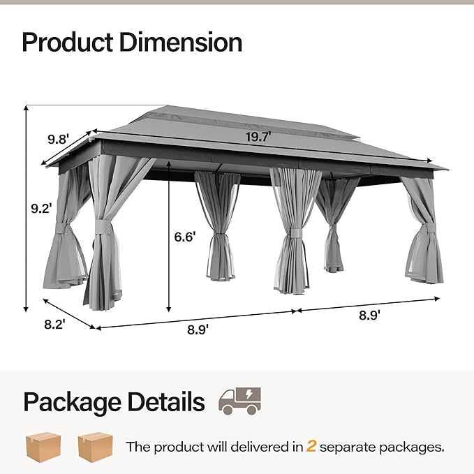 LAUSAINT HOME 10'x20' Outdoor Gazebo, Metal Frame Heavy Duty Patio Canopy Tent Shelter with Double Roofs, Mosquito Nettings and Privacy Screens for Backyard, Garden, Lawn, Gray