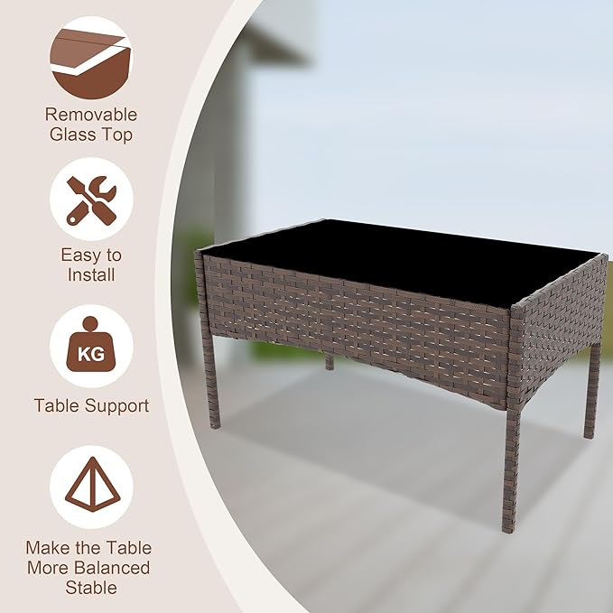 4 Piece Outdoor Patio Furniture Set,Wicker Rattan Conversation Set, Bistro Patio Set with 2 Chairs,Soft Cushion,Loveseat and 1 Glass Coffee Table for Backyard Porch Garden Poolside Balcony,Brown/Beige