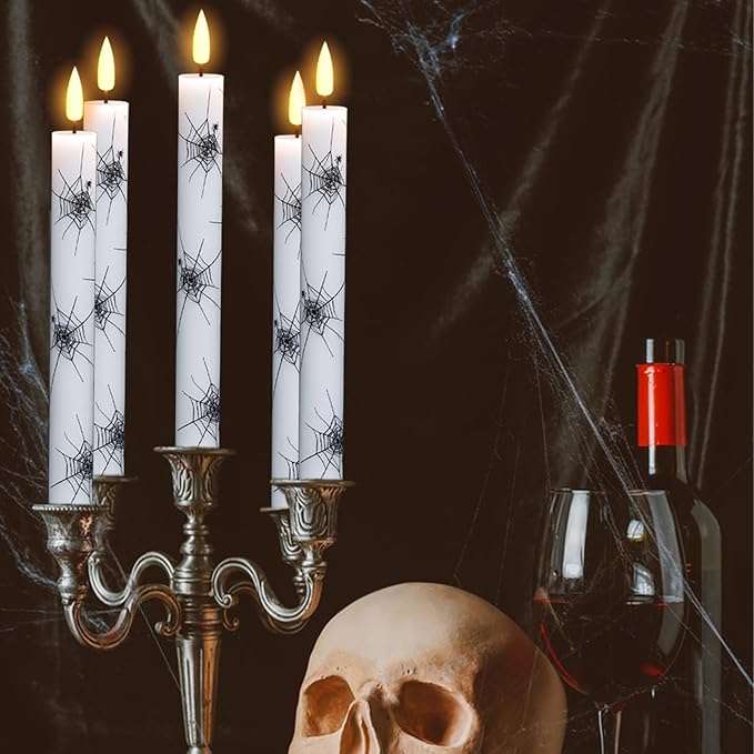 Eldnacele Halloween Flameless Taper Flickering Candles with Remote and Timer, Battery Operated Cobweb Decal Real Wax 3D Wick LED Candles White 4 Pack for Dinner Holiday Spooky Halloween Decor
