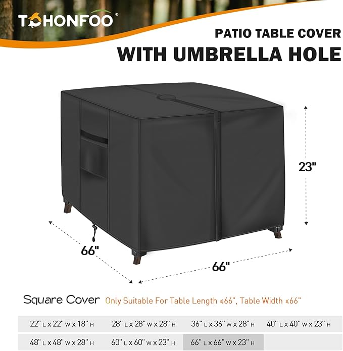 Square Patio Table Cover with Umbrella Hole - 66"L x 66"W x 23"H (COVER SIZE，NOT TABLE SIZE) Heavy Duty Waterproof 600D Oxford Fabric Outdoor Lawn Patio Furniture Covers