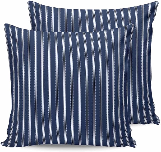 Outdoor Waterproof Throw Pillow Covers 24x24in, Nautical Stripes Cushions for Garden Patio Furniture Chairs Set of 2, Navy Blue Home Decor Couch Sofa Polyester Pillow Cases
