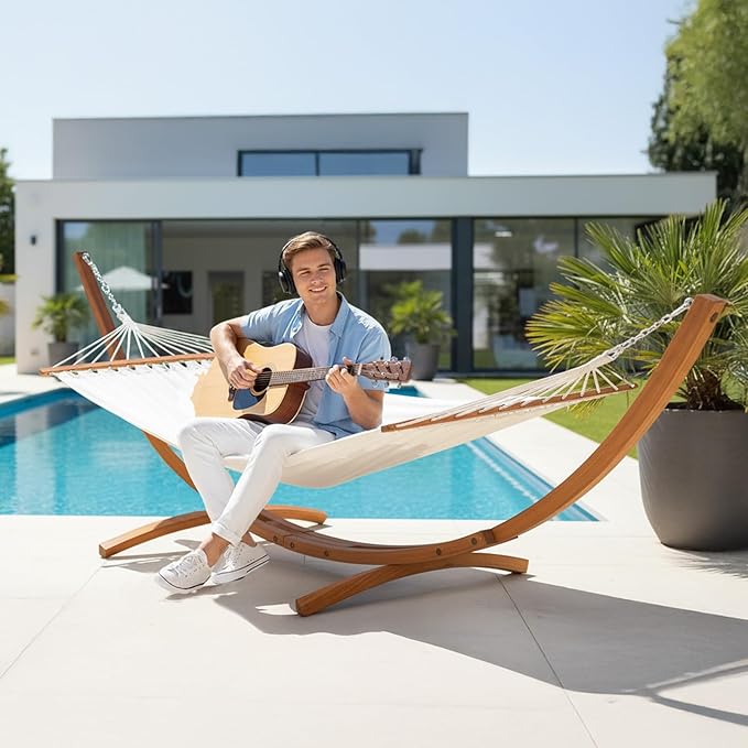 ONCLOUD Premium Double Hammock Set with Curved Hardwood Stand - 10.5ft Outdoor Relaxation System (400lb Capacity) (Teak, 14ft Set)