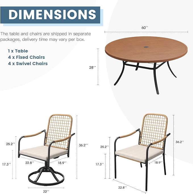 DIFY 9 Pieces Outdoor Dining Set for 8, Patio Furniture Set of 8 Wicker Patio Chairs with Soft Cushions and 60" Walnut Round Metal Table with Umbrella Hole, for Backyard Garden Deck, Wheat Rattan