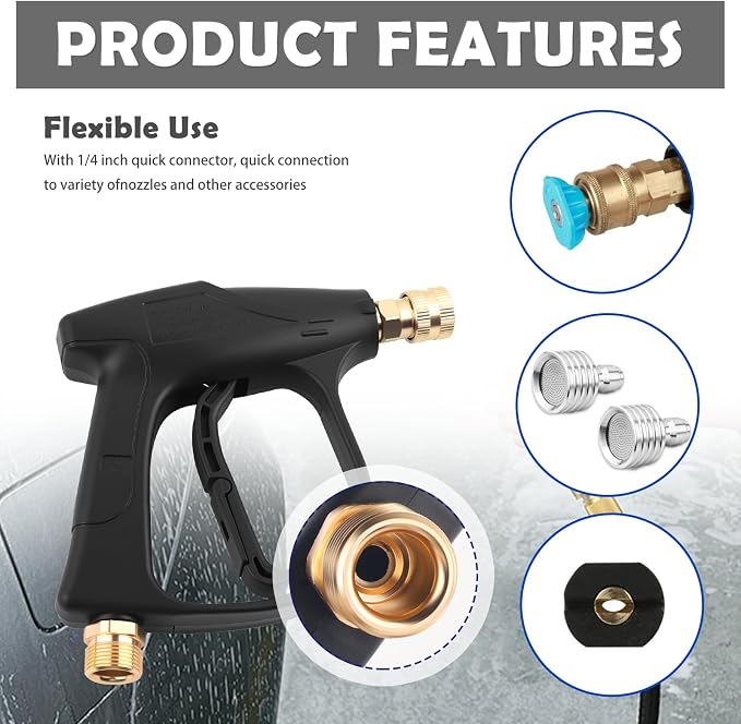 Car Short Pressure Washer Gun,4350 PSI Max High-Pressure Car Wash Gun | Portable, Safety Lock, M22-14 Thread, 1/4" Outlet Quick Connect, 4350 PSI Max