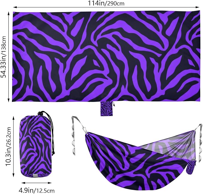 Purple Black Print Camping Hammock, 330lbs Load Capacity, Comfortable Portable Hammock with Tree Straps for Outdoor, Backyard, Beac