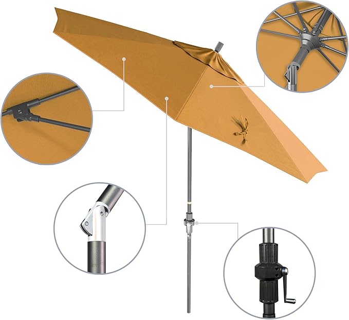 California Umbrella 9' Rd. Crank Lift, Collar Tilt, Aluminum Pole, Fiberglass Rib Patio Umbrella, Hammertone Grey Finish, Sunbrella Wheat