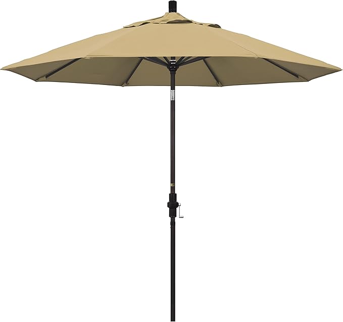 California Umbrella 9' Round Aluminum Market Umbrella, Crank Lift, Collar Tilt, Bronze Pole, Champagne Olefin