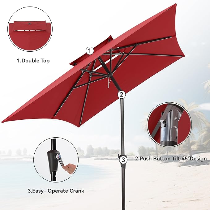 6.6 x 10 ft Rectangular Patio Umbrella, Outdoor Market Table Umbrella with Push Button Tilt and Crank, Double-Tier Vent, 6 Ribs, Rectangle Patio Umbrella for Backyard, Deck, Pool, Fits 4–6 Chairs and Tables (Wine Red)