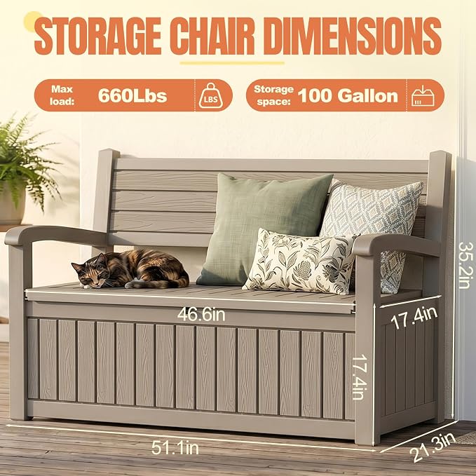 Storage Bench Outdoor Deck Box,100 Gallon Waterproof & UV Resistant Lockable Patio Furniture Seating.Indoor/Outdoor Shoe Storage Cabinet for Garden Cushions,Tools,Patio,Pool Supplies(Taupe)