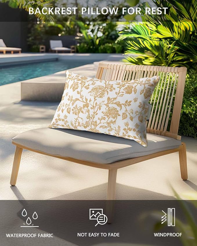 Pack of 4 Outdoor Lumbar Pillow Covers 11x16 Inch, Orange Flower Waterproof Throw Pillow Covers Set, Vintage Farmhouse Boho Leaf Spring Plant Indoor&Outdoor Cushion Cases for Patio Porch Beach