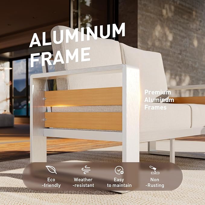 Aoxun Aluminum Outdoor Patio Furniture Set, 3 Seats Metal Sectional Patio Furniture, Modern Outside Sectional Set for Backyard, 3-Seat Sofa ×1, Silver & Beige