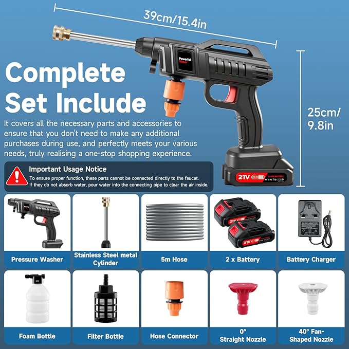 1500W Portable Battery Power Washer, 60Bar/870PSI Electric Pressure Washer Handheld High Pressure Car Washer Gun with 2 Nozzles, 2 Battery, 5m Hose Cordless Jet Washers for Car/Floor/Patio