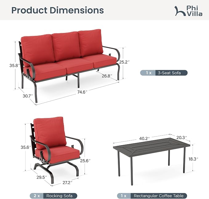 PHI VILLA Patio Furniture Set, 3-Seater Sofa, 4 Rocking Chairs and a Coffee Table, Outdoor Metal Conversation Set with 5.75" Extra Thick Cushion for Garden Backyard Deck, Red