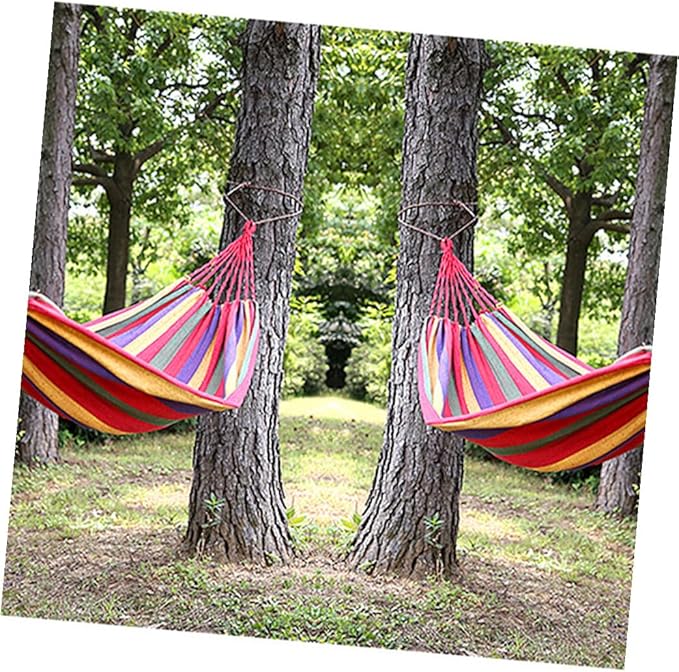 BESTonZON Canvas Camping Hammock Swing, Portable Outdoor Hanging Chair with Striped Rainbow Pattern, 190x85cm, Lightweight Travel Hammock for Garden, Patio, Backyard, Indoor and Outdoor Use