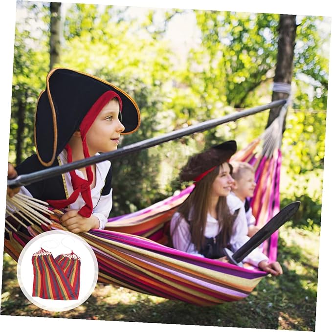 Single Person Rainbow Canvas Hammock for Outdoor Camping and Leisure, Anti-tip Red Strip Swing, Travel Portable Cotton Fabric Swing for Adults