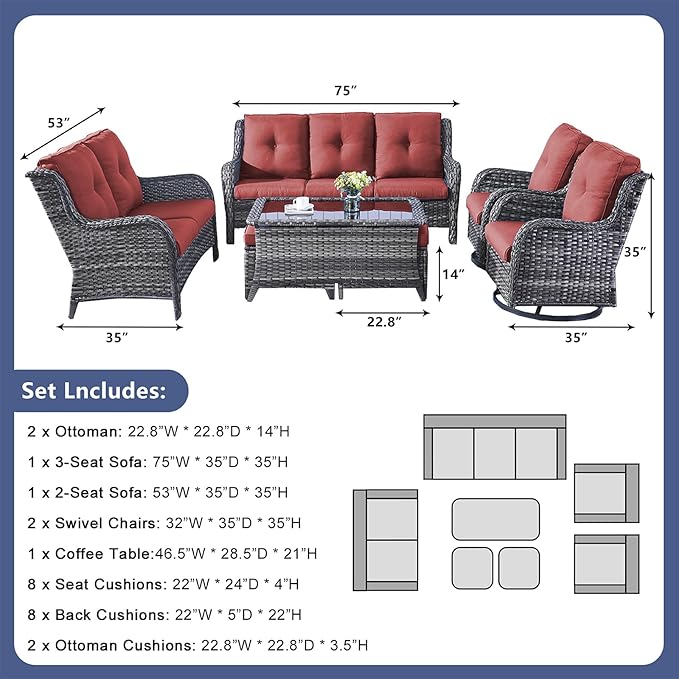 Rilyson Wicker Patio Furniture Set - 7 Piece Rattan Outdoor Sectional Conversation Sets with 2 Rocking Swivel Chairs,2 Ottomans,1 Sofa,1 Loveseat and 1 Coffee Table for Porch Deck(Mixed Grey/Red)