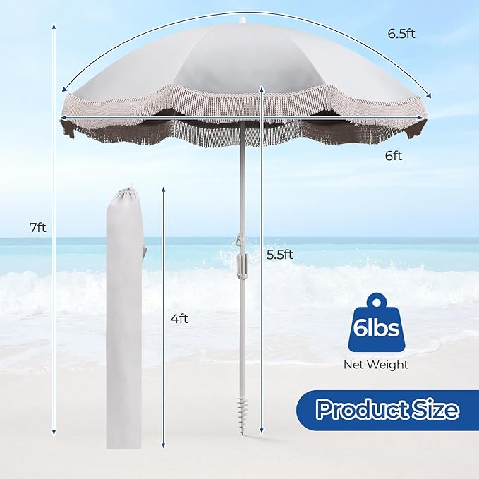 Tangkula 6.5FT Beach Umbrella with Fringe, UPF50+ Outdoor Boho Umbrella with Tassels, Push Button Tilt, Sand Anchor, 8 Ribs, Vintage Patio Umbrella with Carry Bag for Sand Deck Pool Garden Backyard