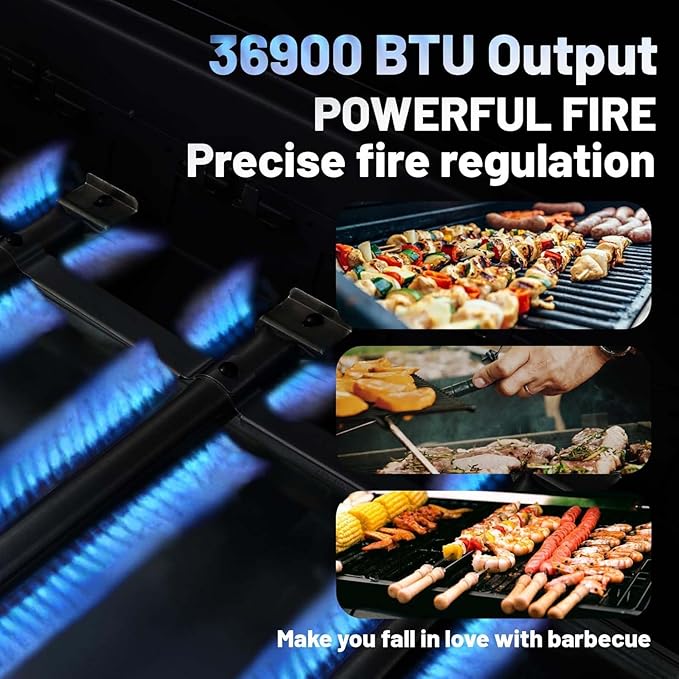 3 Burner BBQ Propane Gas Grill with Plancha Griddle, Stainless Steel Patio Garden Barbecue Grill with Two Side Shelves,36,900 BTU Outdoor Barbecue Cooking with Top Cover Lid