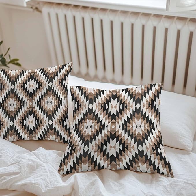 Brown Black Outdoor Pillow Cover 16x16 Inch Cushion Sham Case, Waterproof Decorative Square Throw Pillowcase for Outside Garden Patio Porch Couch Chair Tent Moroccan Southwestern Aztec Abstract Boho