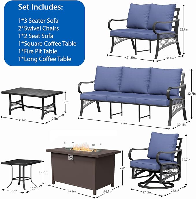 7 Piece Patio Furniture Set, All Weather Metal Outdoor Conversation Set with 50000 BTU Propane Fire Pit Table, 3 Seat Sofa, 2 Swivel Chairs and 5" Cushions for Garden, Porch, Lawn, Blue