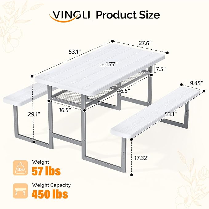 VINGLI Outdoor Picnic Table with Storage Shelf & Umbrella Hole, 4.5FT All Weather Metal Frame HDPE Tabletop Plastic Picnic Table for Dining Party Garden(White)