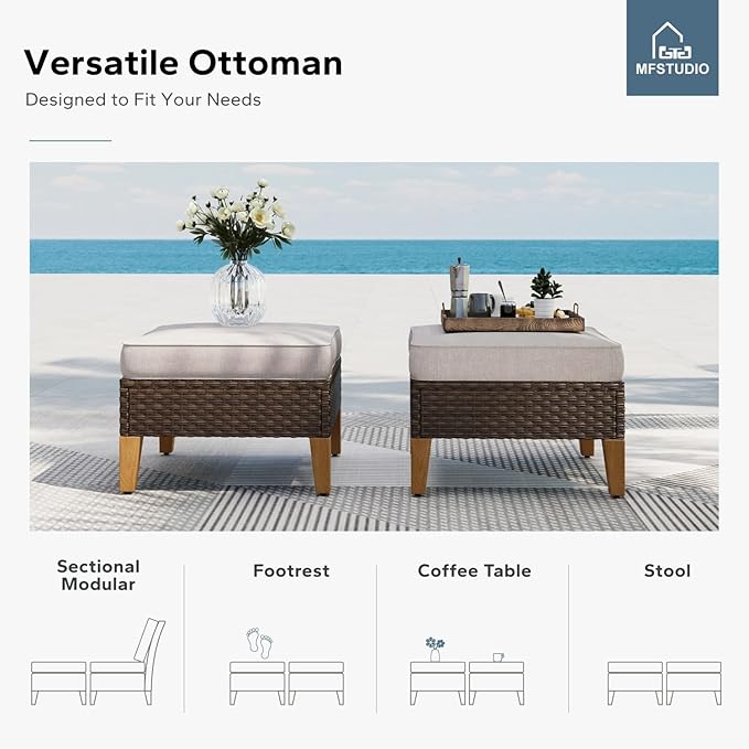 MFSTUDIO 9 Piece Wicker Patio Furniture Set with 56" Fire Pit Table, All-Weather PE Rattan Patio Sectional Sofa Conversation Set with 50000 BTU CSA Approved Fire Pit Table, Ottoman & Beige Cushion