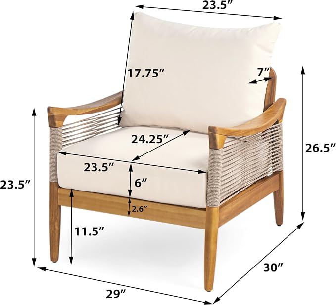 Merax Woven Rope Patio Club Chair, Acacia Wood Outdoor Armchair | Teak-Finish Acacia Frame, Woven Rope Seat, Thick Cushion, Deep Seating For Patio, Porch, Garden, Backyard Or Balcony