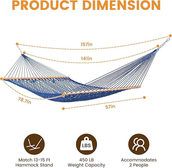 Lazy Daze Hammocks 12FT Double Rope Hammocks, 2 Person Hand Woven Cotton Hammock with Spreader Bar for Outside, Patio, Poolside, FIT 13-15 FT Stand, Max 450 Lbs, Blue, 141 x 57 inches